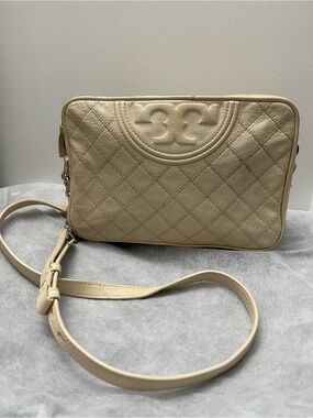 Tory Burch Beige Quilted Leather Crossbody with Logo